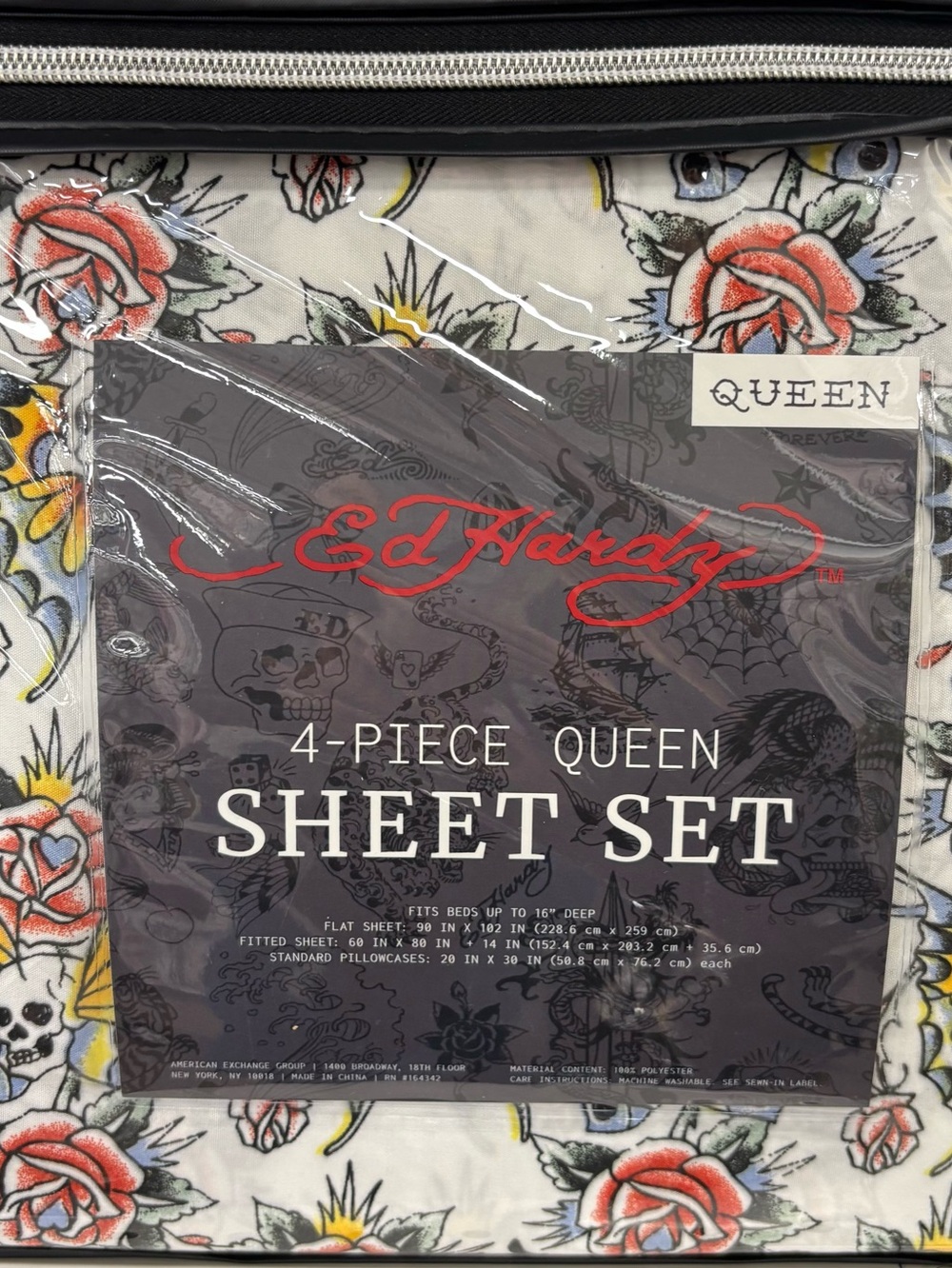 Ed Hardy 4-Piece Queen Bedding Set with Skulls and Roses